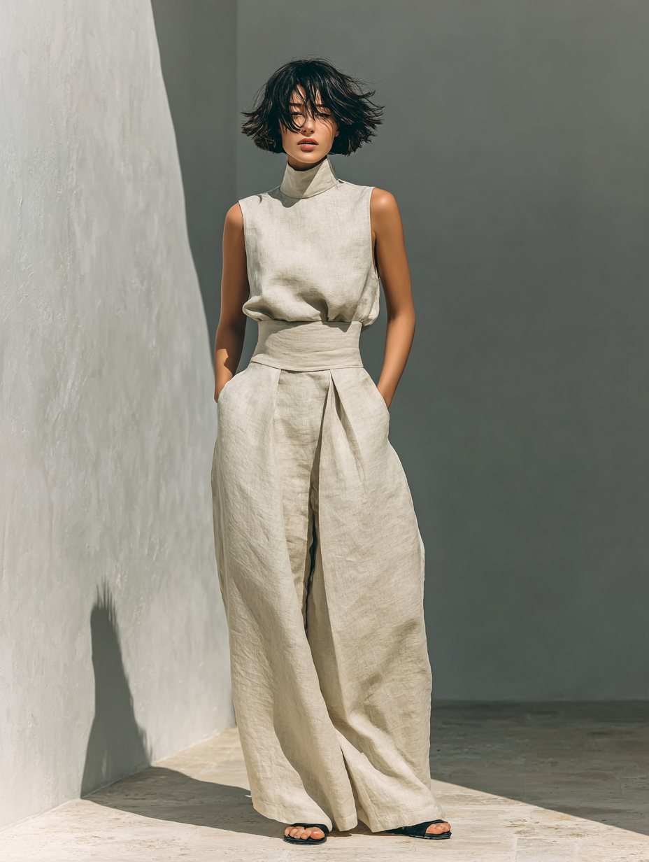 Conjunto minimalista para mujer en algodón y lino con blusa sin mangas y pantalones de pierna ancha