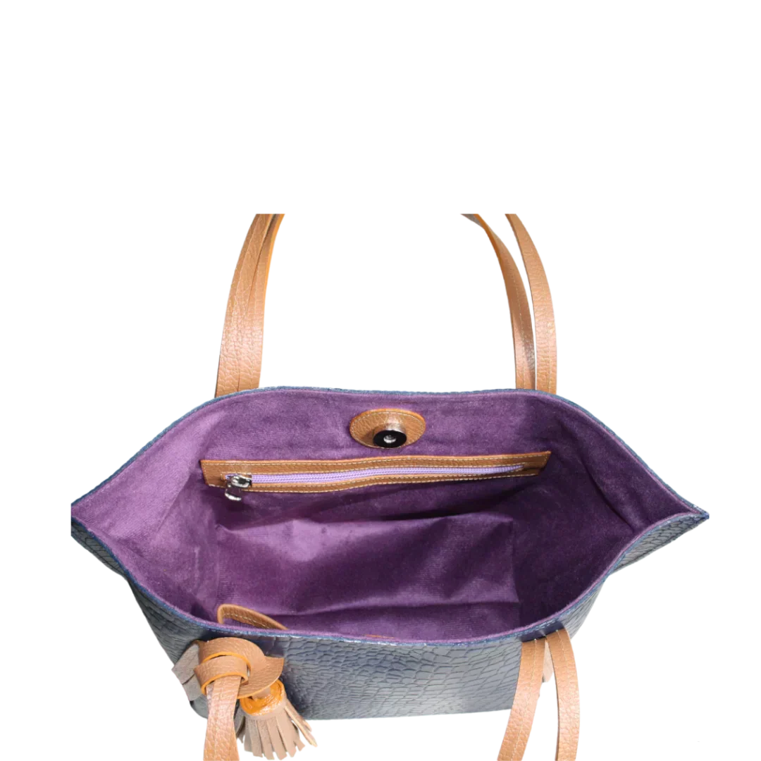 Bolso de mano de cuero para dama Eleonora en azul oscuro con diseño de reptil