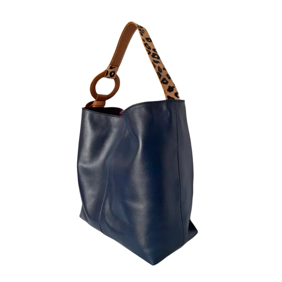 Bolso de mano de cuero azul oscuro para mujeres