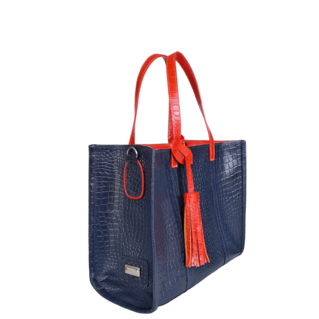 Bolso de mano para mujer Greta en azul oscuro con estampado de reptil