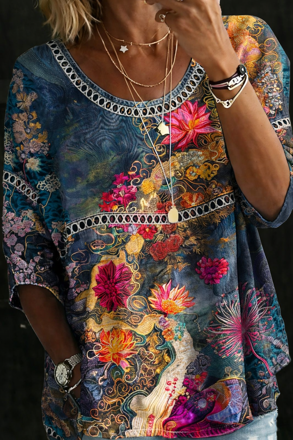 Nicole | Blusa en Denim Vintage Bloemen