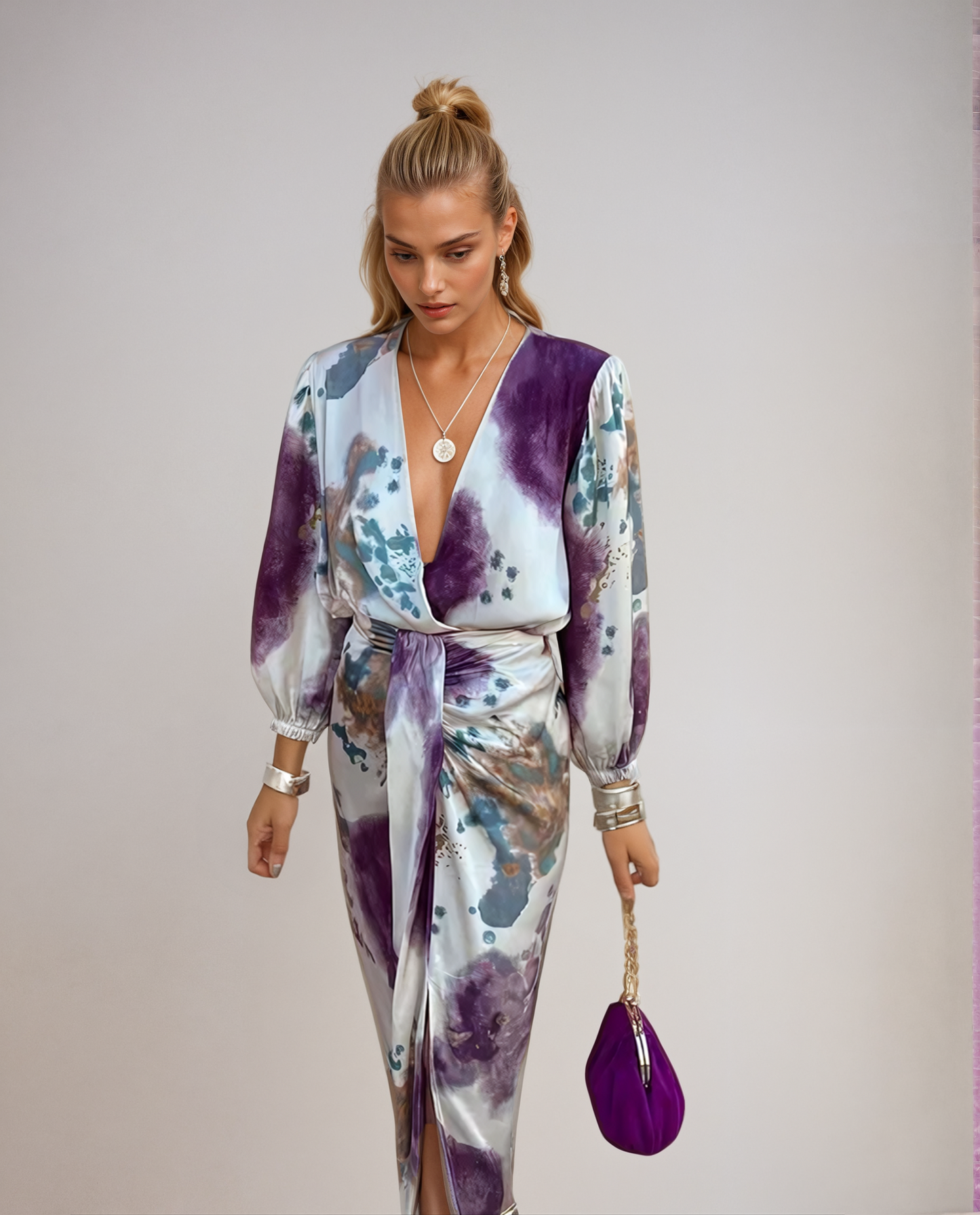 Davina - Elegant V-Neck Long Sleeve Split Maxi Dress