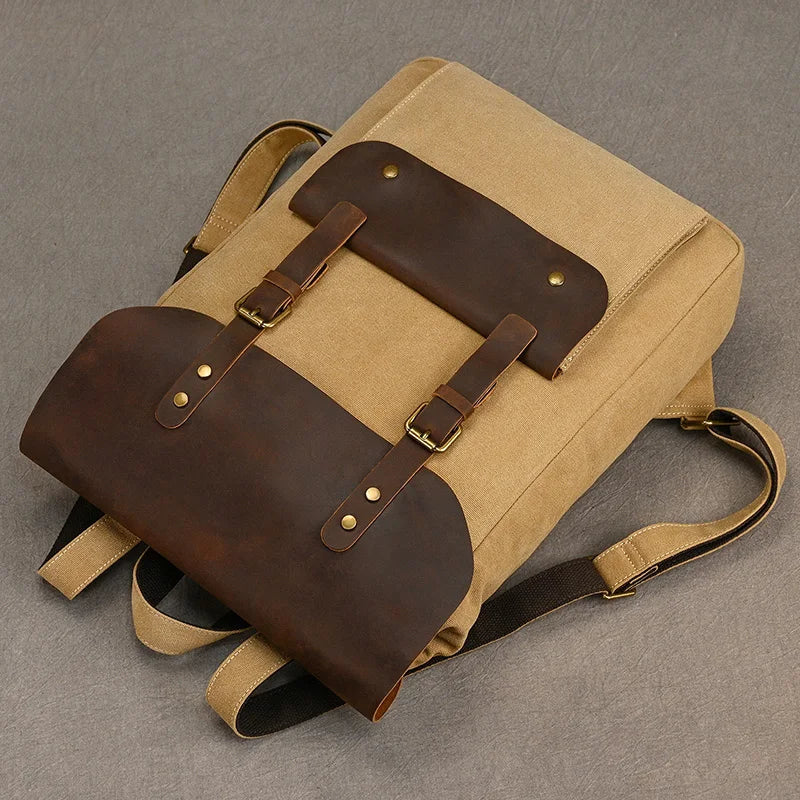 Mochila auténtica de cuero y lona | Mochila vintage para laptop de colegio