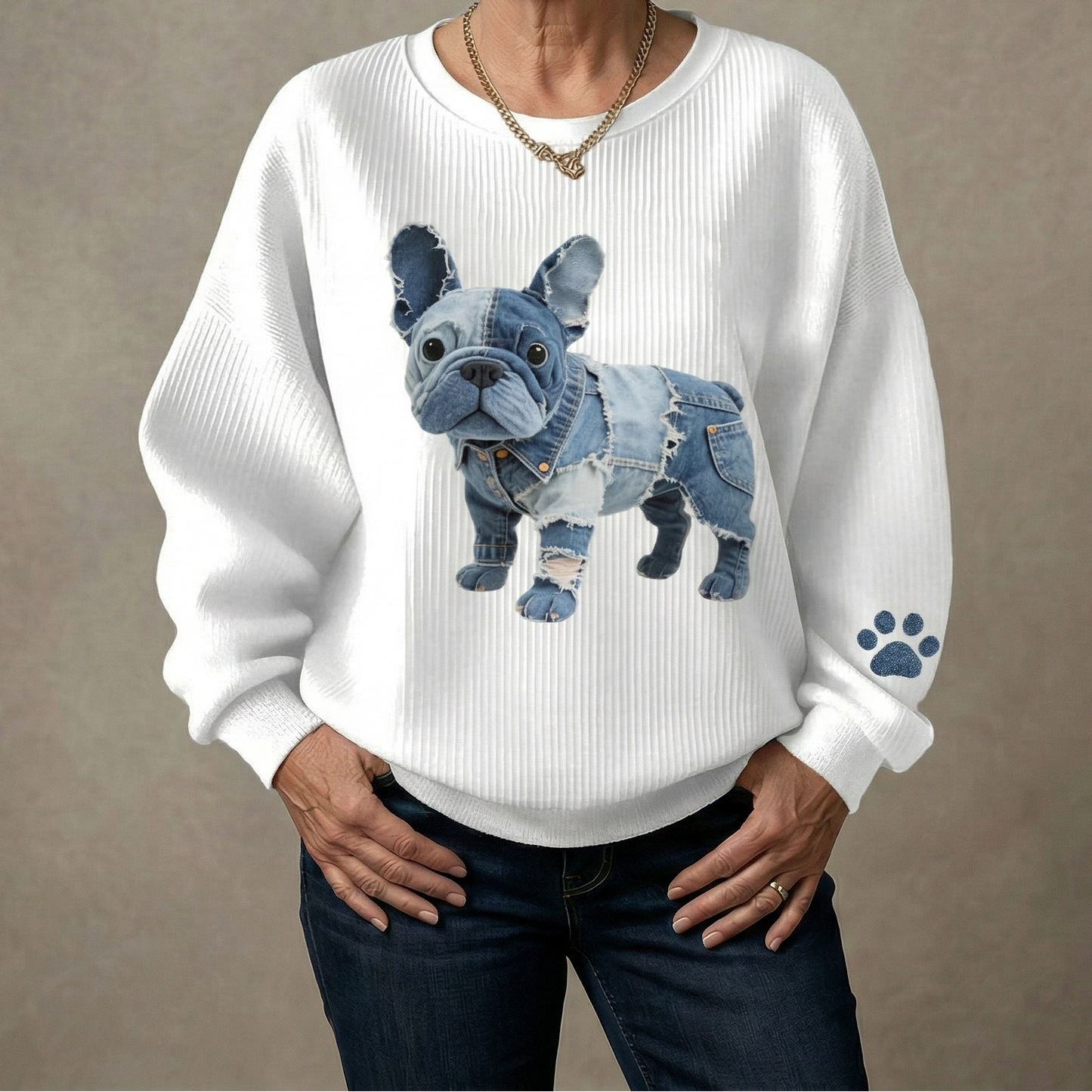Sudadera con Parches de Mezclilla Estilo Bulldog Francés