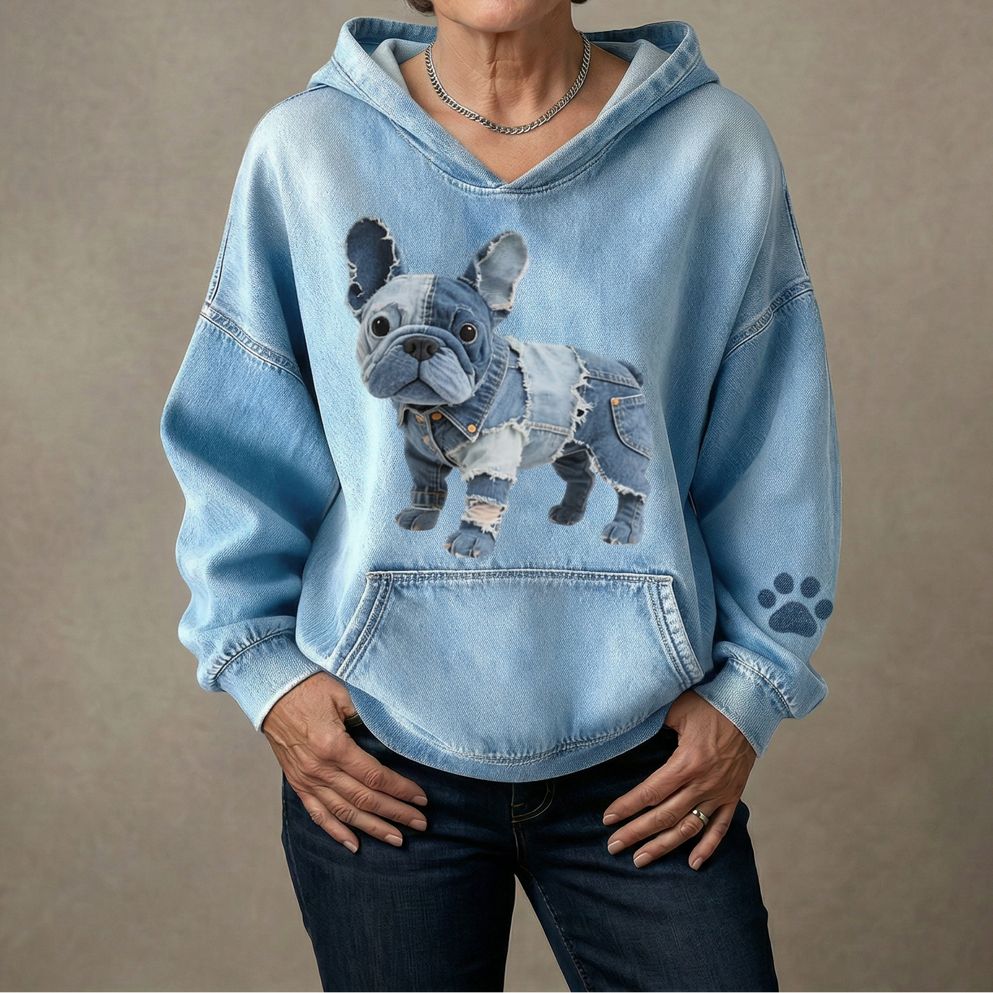 Leah - Sudadera de Bulldog Francés con Parche de Denim