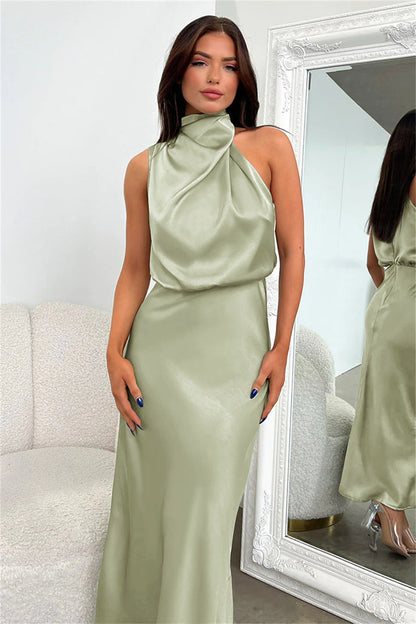 Carlina | Halter Neck Long Satin Dress