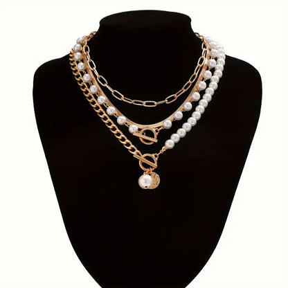 Conjunto de collar vintage con perla y cadena de eslabones de serpiente | Oro