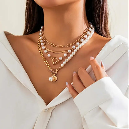 Conjunto de collar vintage con perla y cadena de eslabones de serpiente | Oro
