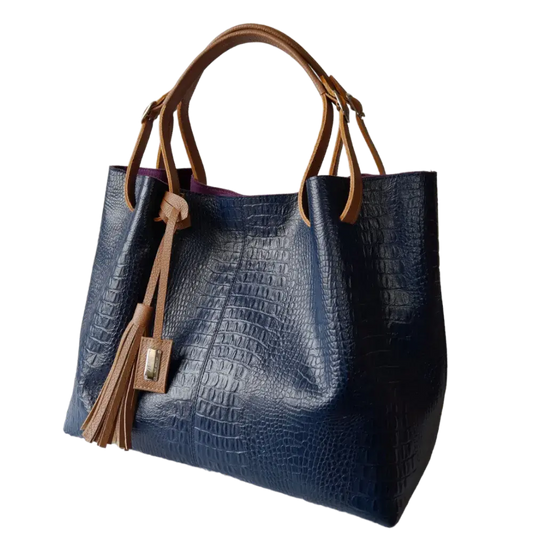 Bolso de mano de cuero para mujer Adelle en azul oscuro con diseño de reptil