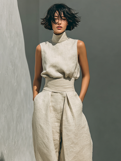 Conjunto minimalista para mujer en algodón y lino con blusa sin mangas y pantalones de pierna ancha