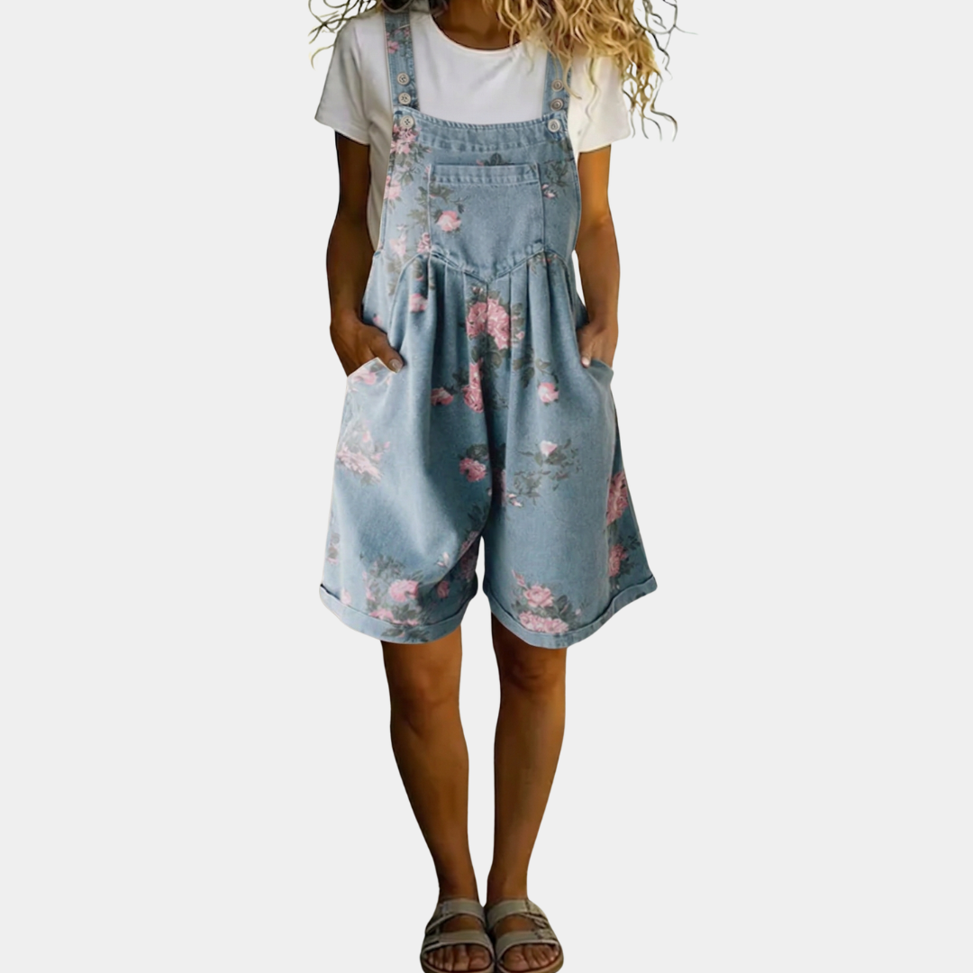 Adriana - Mono de flores de denim con suave algodón y lavado vintage