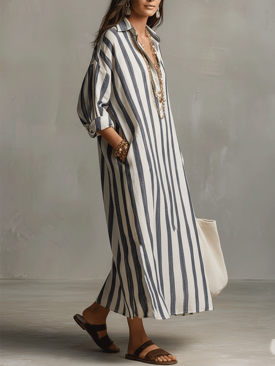Vestido Maxi Estilo Bohemio con Rayas Casual