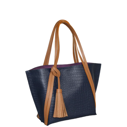 Bolso de mano de cuero para dama Eleonora en azul oscuro con diseño de reptil
