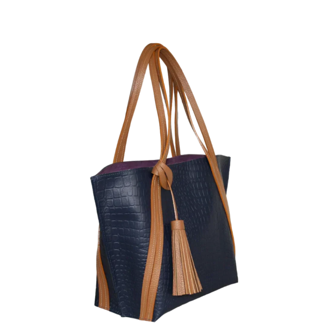 Bolso de mano de cuero para dama Eleonora en azul oscuro con diseño de reptil