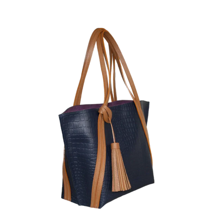 Bolso de mano de cuero para dama Eleonora en azul oscuro con diseño de reptil