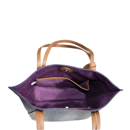 Bolso de mano de cuero para dama Eleonora en azul oscuro con diseño de reptil