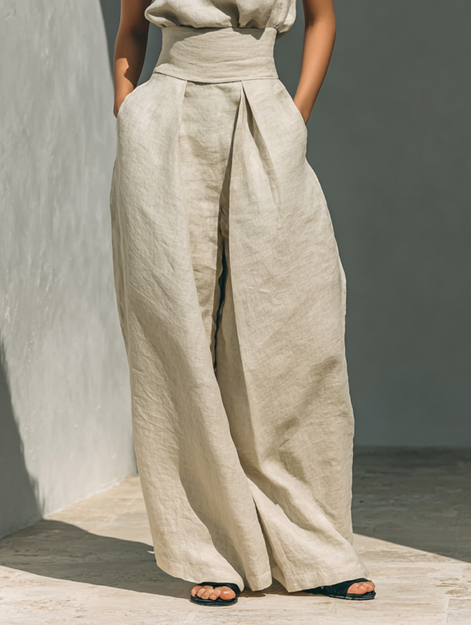 Conjunto minimalista para mujer en algodón y lino con blusa sin mangas y pantalones de pierna ancha