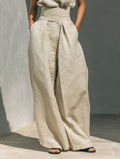 Conjunto minimalista para mujer en algodón y lino con blusa sin mangas y pantalones de pierna ancha