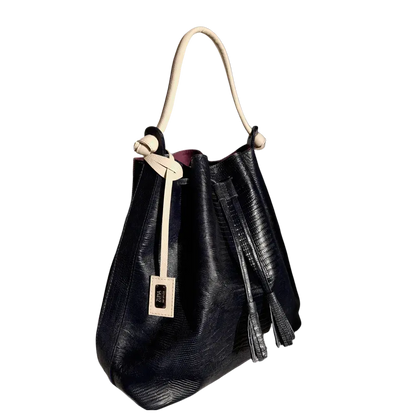 Bolso de mano de cuero negro para mujeres en diseño de reptil jade