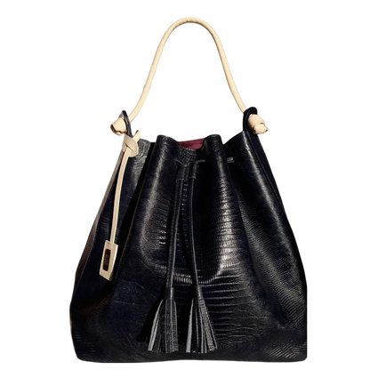 Bolso de mano de cuero negro para mujeres en diseño de reptil jade