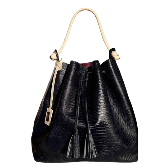 Bolso de mano de cuero negro para mujeres en diseño de reptil jade