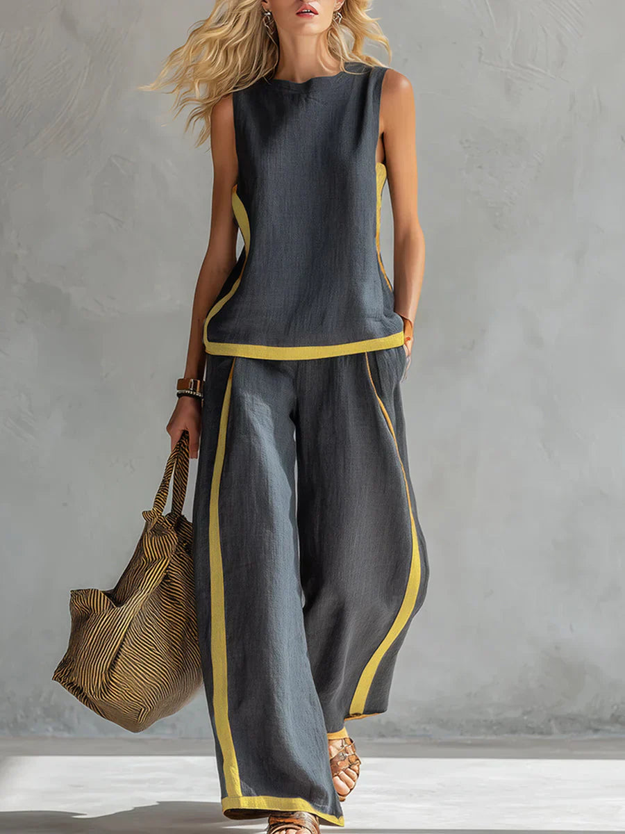 Leya | Conjunto Elegante y Casual de Chaleco y Pantalones con Acabados Bicolor