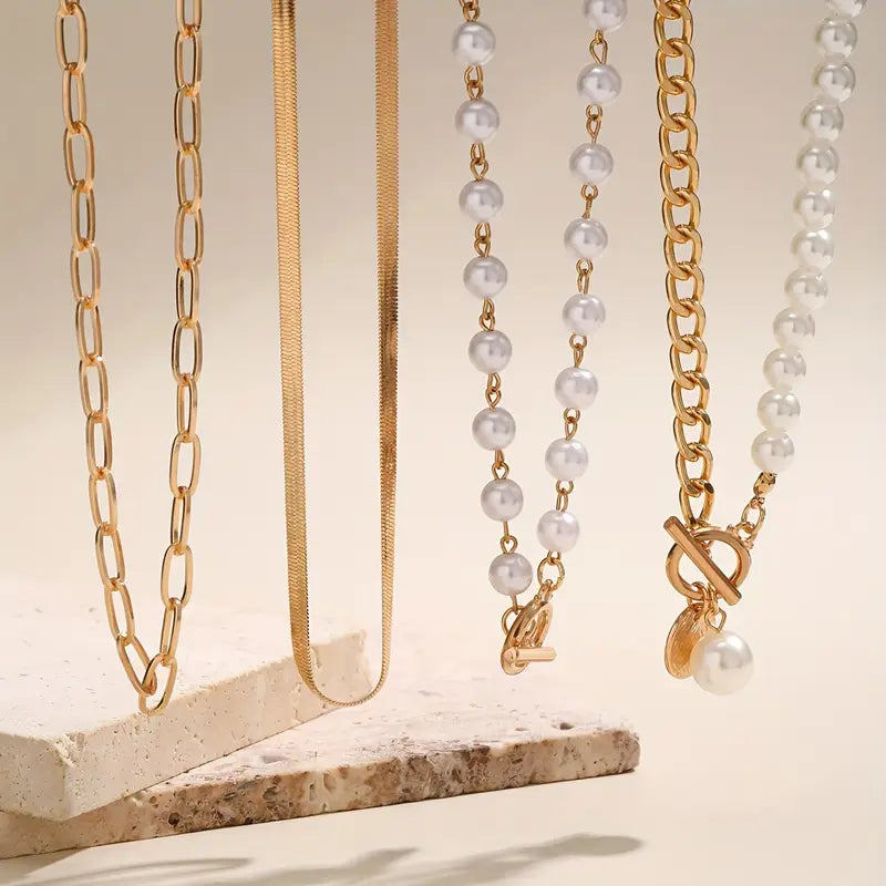 Conjunto de collar vintage con perla y cadena de eslabones de serpiente | Oro