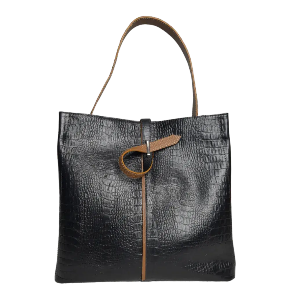 Lucy Reptil Bolsa de Mano de Cuero Negra para Damas
