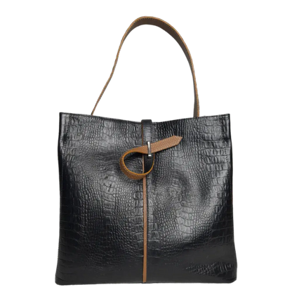 Lucy Reptil Bolsa de Mano de Cuero Negra para Damas