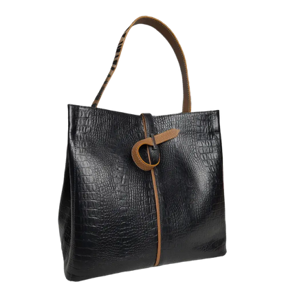Lucy Reptil Bolsa de Mano de Cuero Negra para Damas