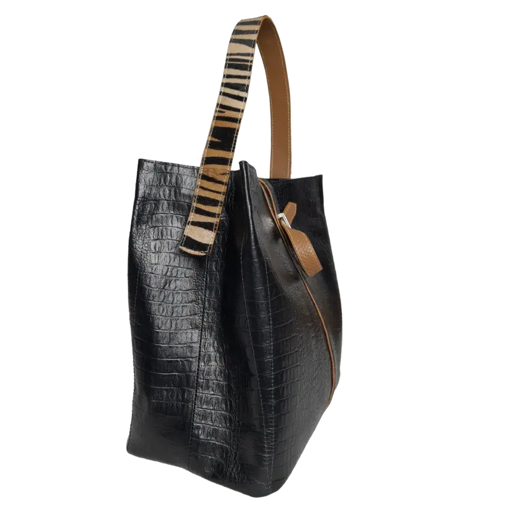 Lucy Reptil Bolsa de Mano de Cuero Negra para Damas