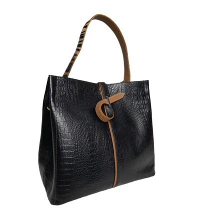 Lucy Reptil Bolsa de Mano de Cuero Negra para Damas