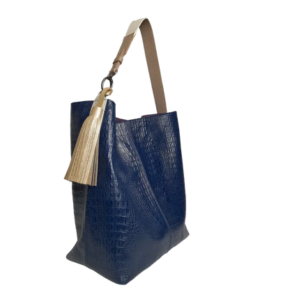 Bolso de mano para mujer Serenity de cuero azul oscuro con estampado de reptil