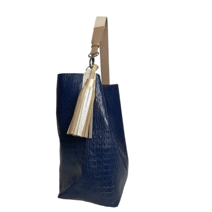 Bolso de mano para mujer Serenity de cuero azul oscuro con estampado de reptil