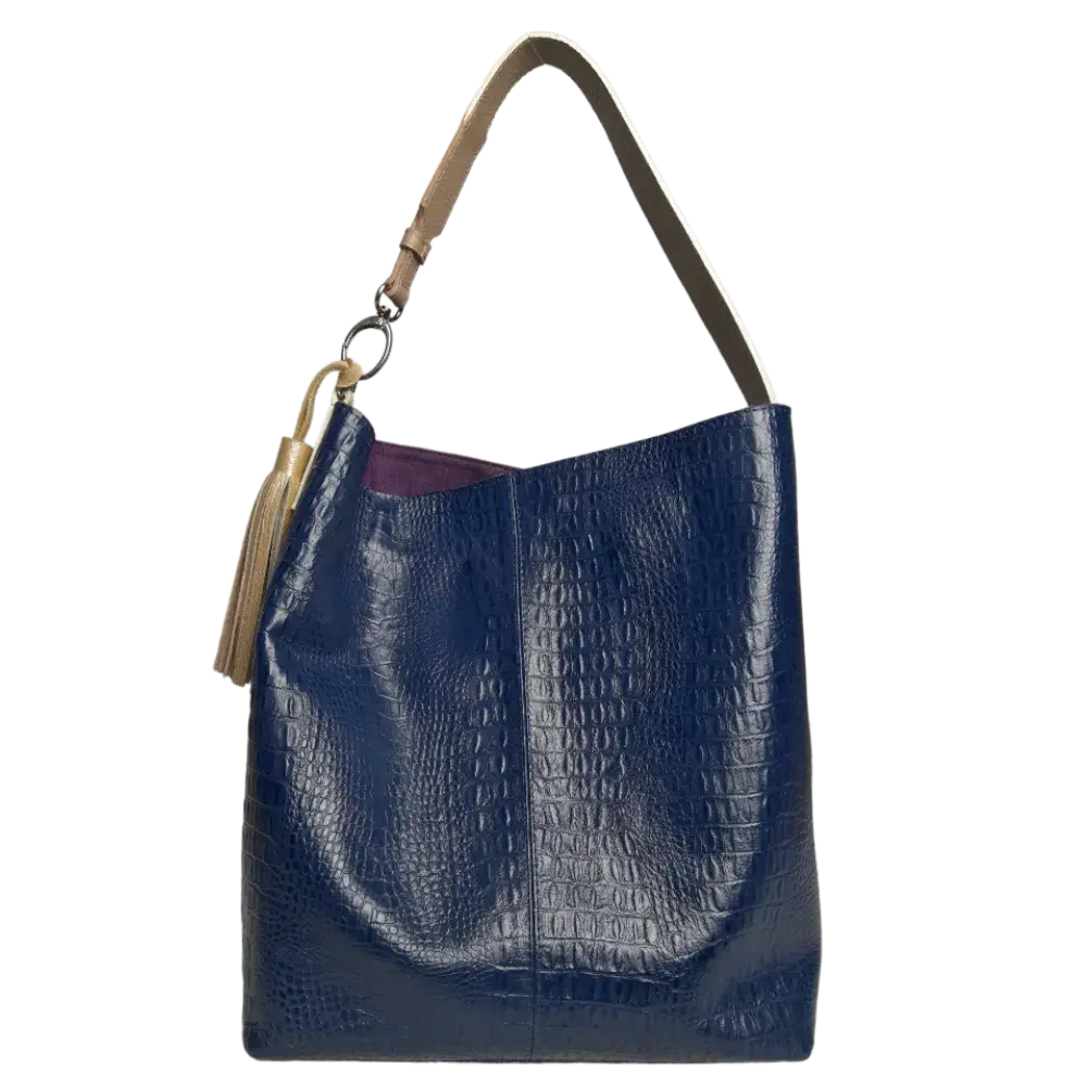 Bolso de mano para mujer Serenity de cuero azul oscuro con estampado de reptil