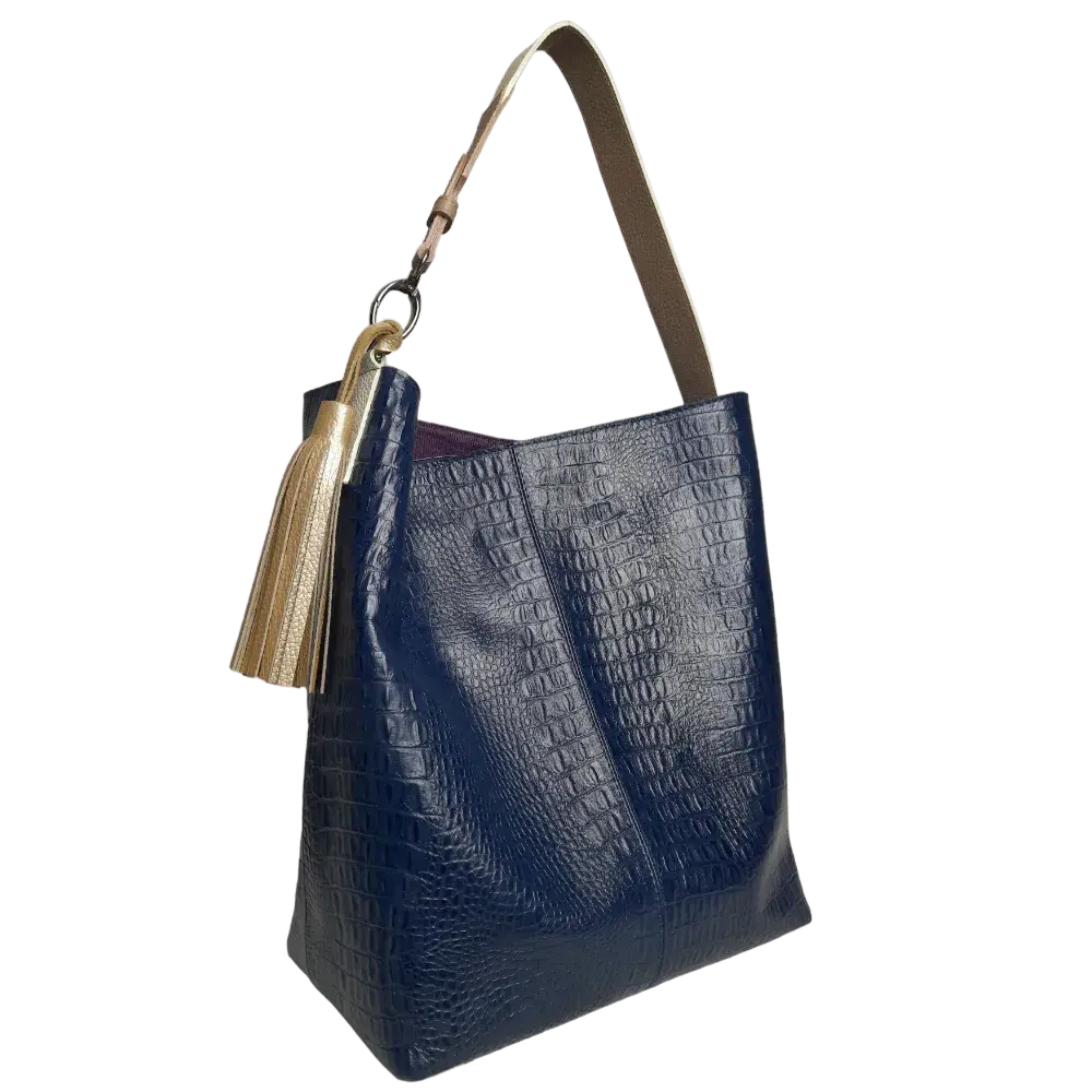 Bolso de mano para mujer Serenity de cuero azul oscuro con estampado de reptil