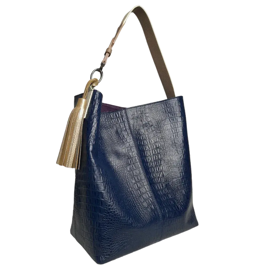 Bolso de mano para mujer Serenity de cuero azul oscuro con estampado de reptil