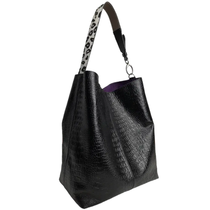 Bolso de Mano de Cuero Negro Serenity Reptil para Mujeres