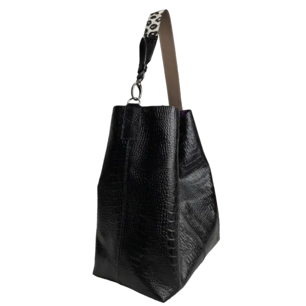Bolso de Mano de Cuero Negro Serenity Reptil para Mujeres