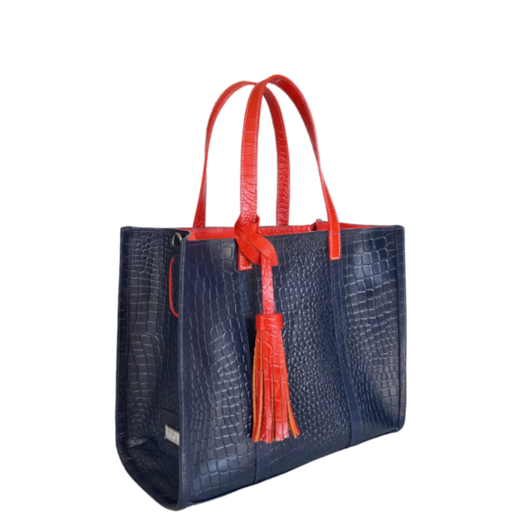 Bolso de mano para mujer Greta en azul oscuro con estampado de reptil