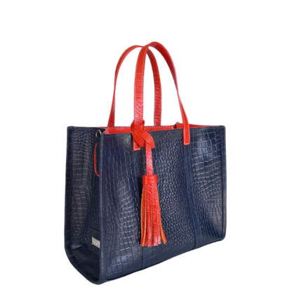 Bolso de mano para mujer Greta en azul oscuro con estampado de reptil