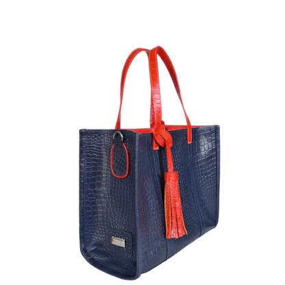 Bolso de mano para mujer Greta en azul oscuro con estampado de reptil