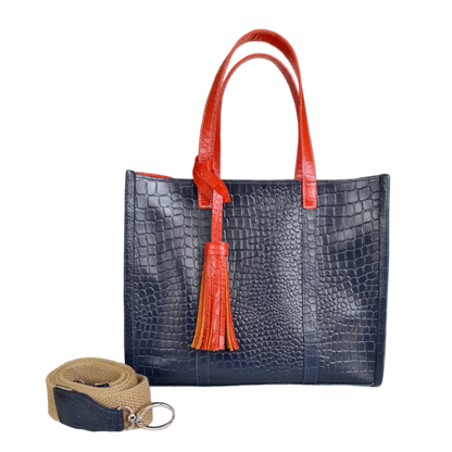 Bolso de mano para mujer Greta en azul oscuro con estampado de reptil
