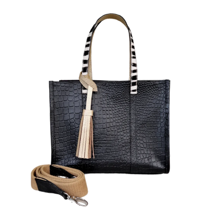 Bolso de Mano de Reptil de Cuero Negro para Mujer Greta