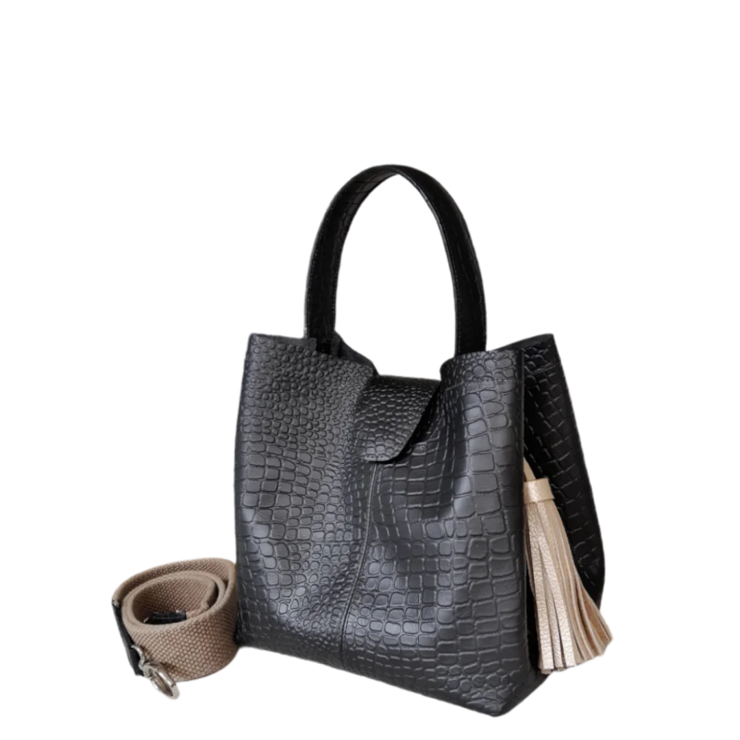 Bolso de mano pequeño negro de cuero para mujeres - Lucia Reptil