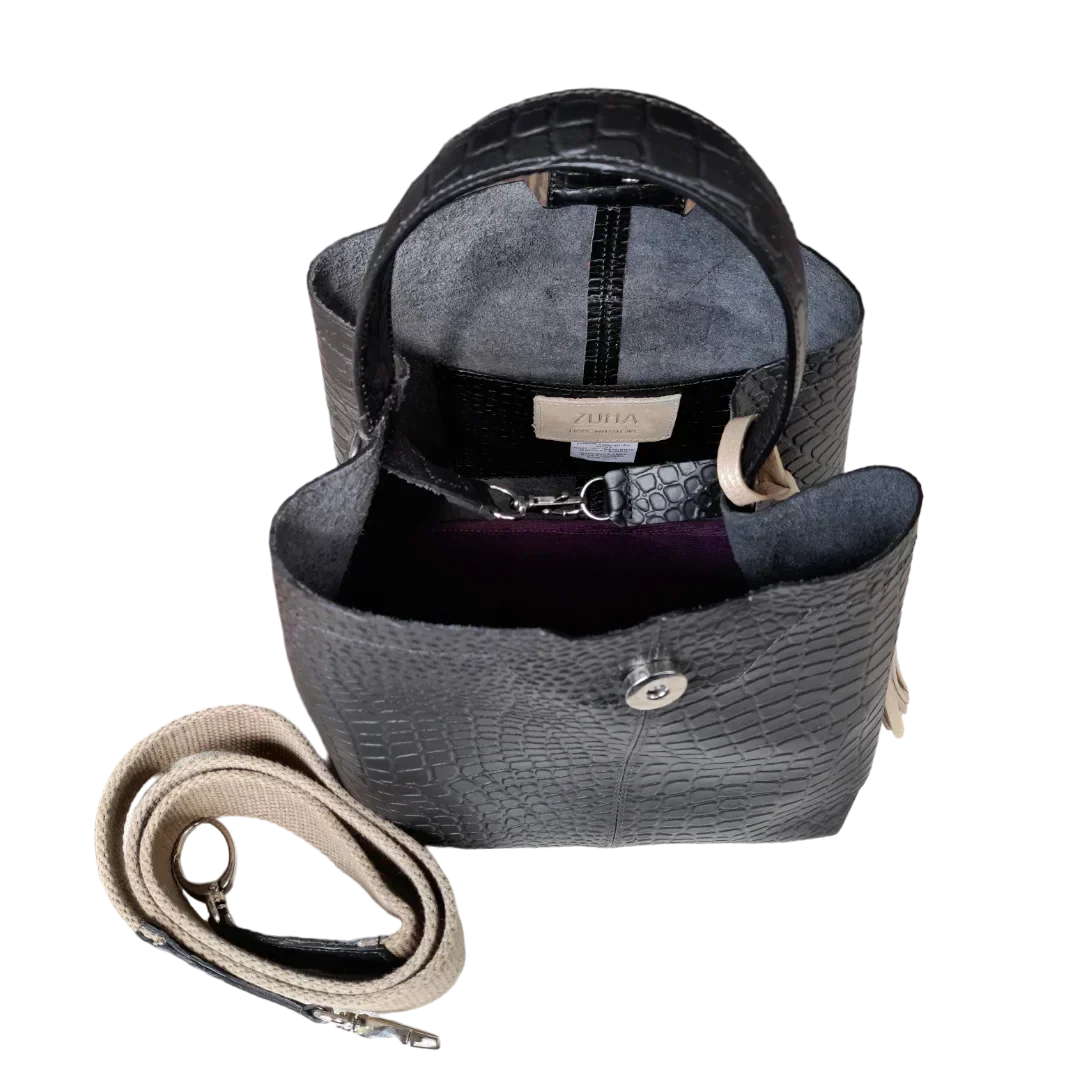 Bolso de mano pequeño negro de cuero para mujeres - Lucia Reptil