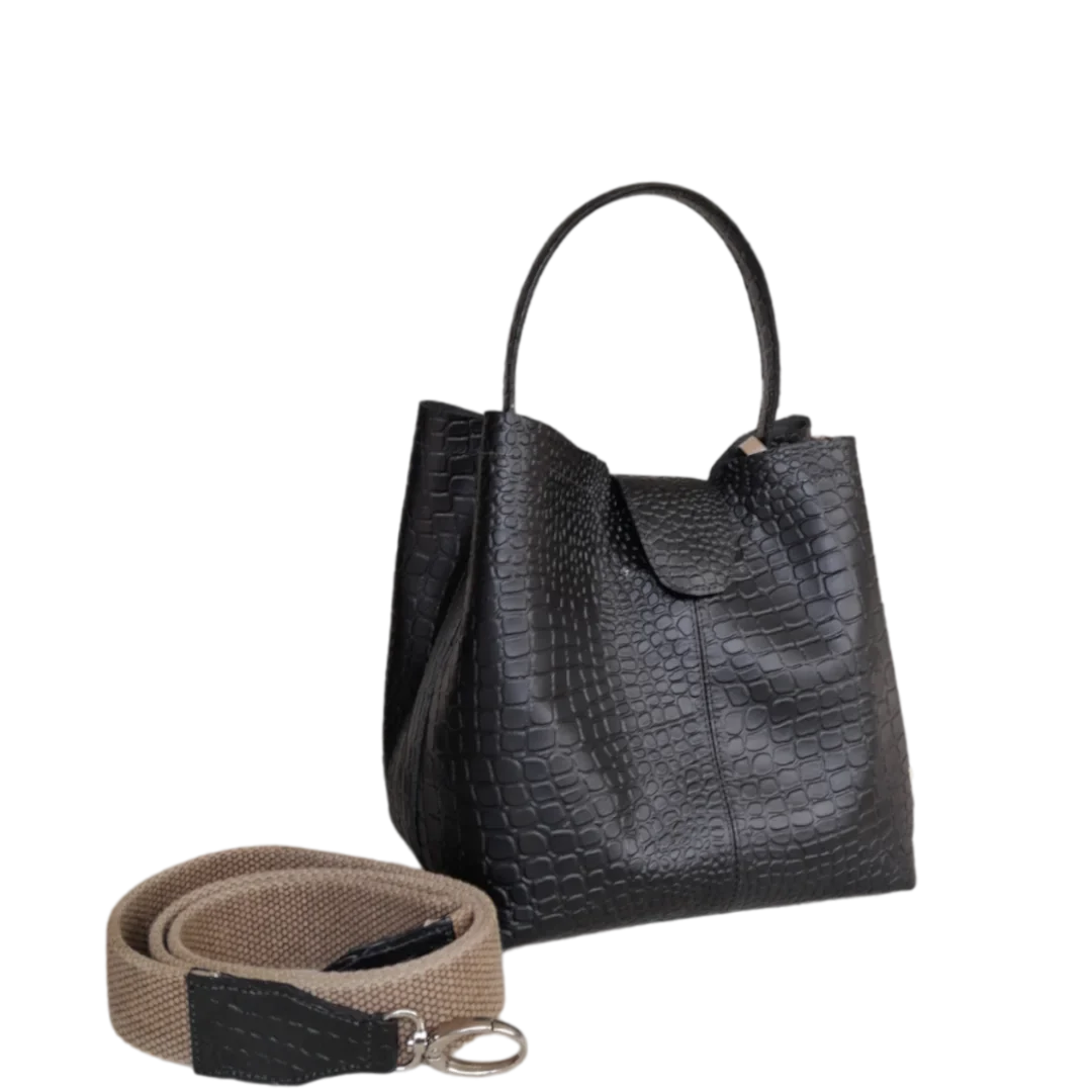 Bolso de mano pequeño negro de cuero para mujeres - Lucia Reptil