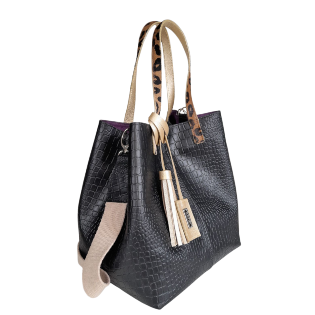 Bolso de mano de cuero negro Giulia Reptil para damas