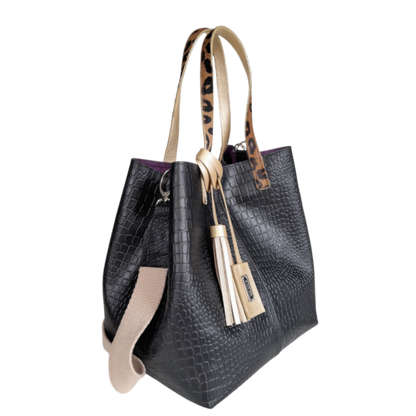 Bolso de mano de cuero negro Giulia Reptil para damas