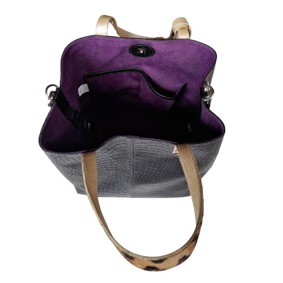 Bolso de mano de cuero negro Giulia Reptil para damas